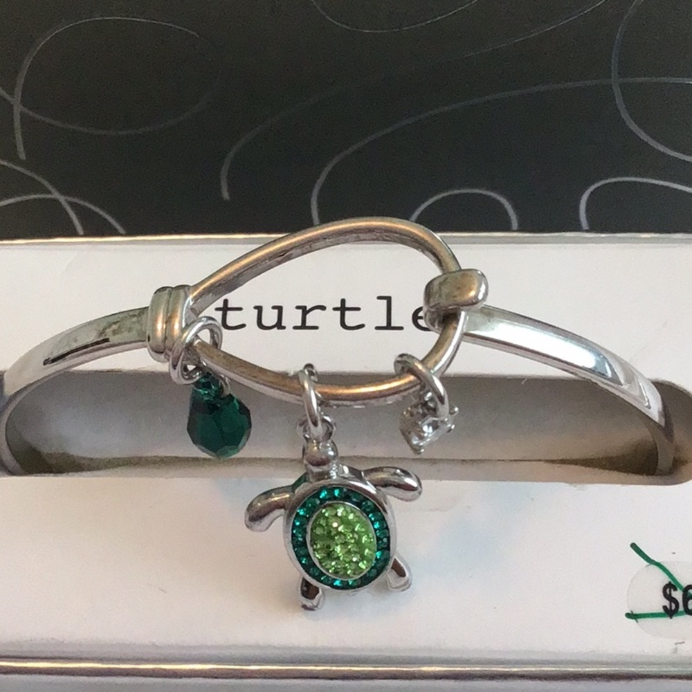 Silvertone Charm Bracelet with Elegant green turtle Design